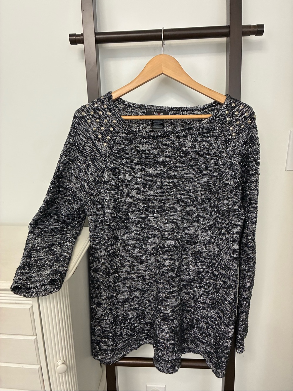 Style & Co Black & White Marled Sweater with Shoulder Studs. Size XL. Chic